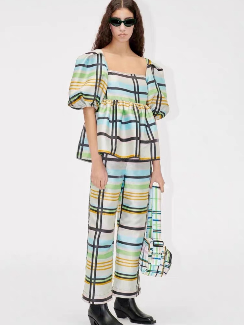 STINE GOYA Plaid Puff-Sleeve Crop Top 
 Multicolor, XS